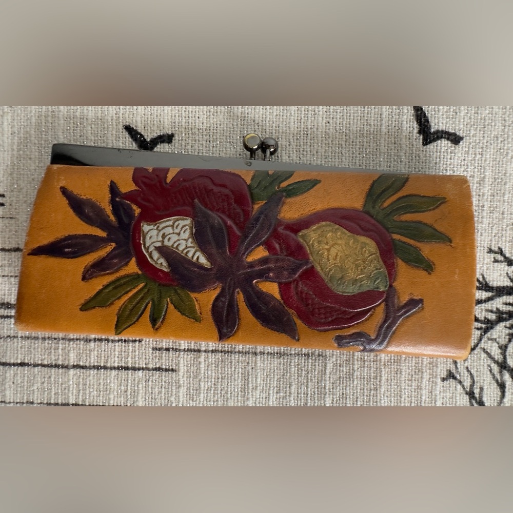 Vintage Pomegranate Embossed Leather Mini Long Kisslock Clutch
